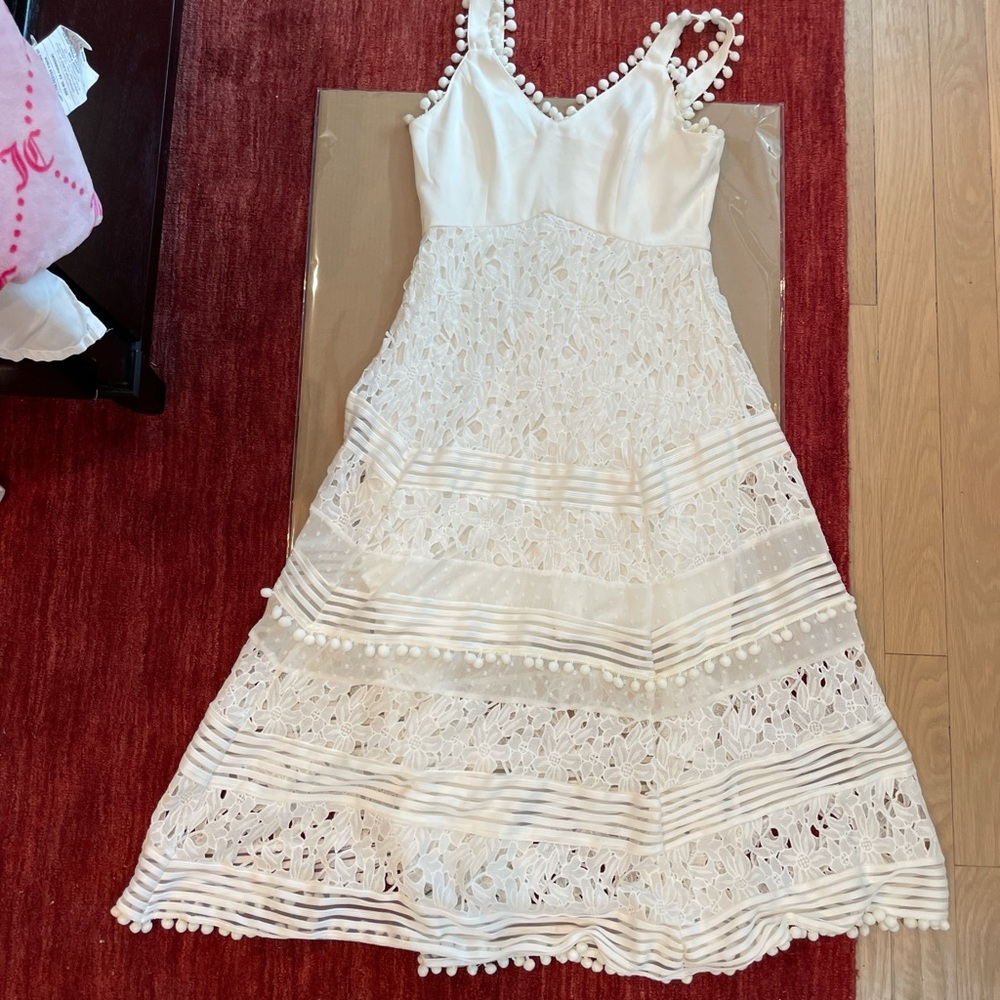 White Lace Dress with Pom Pom Trim